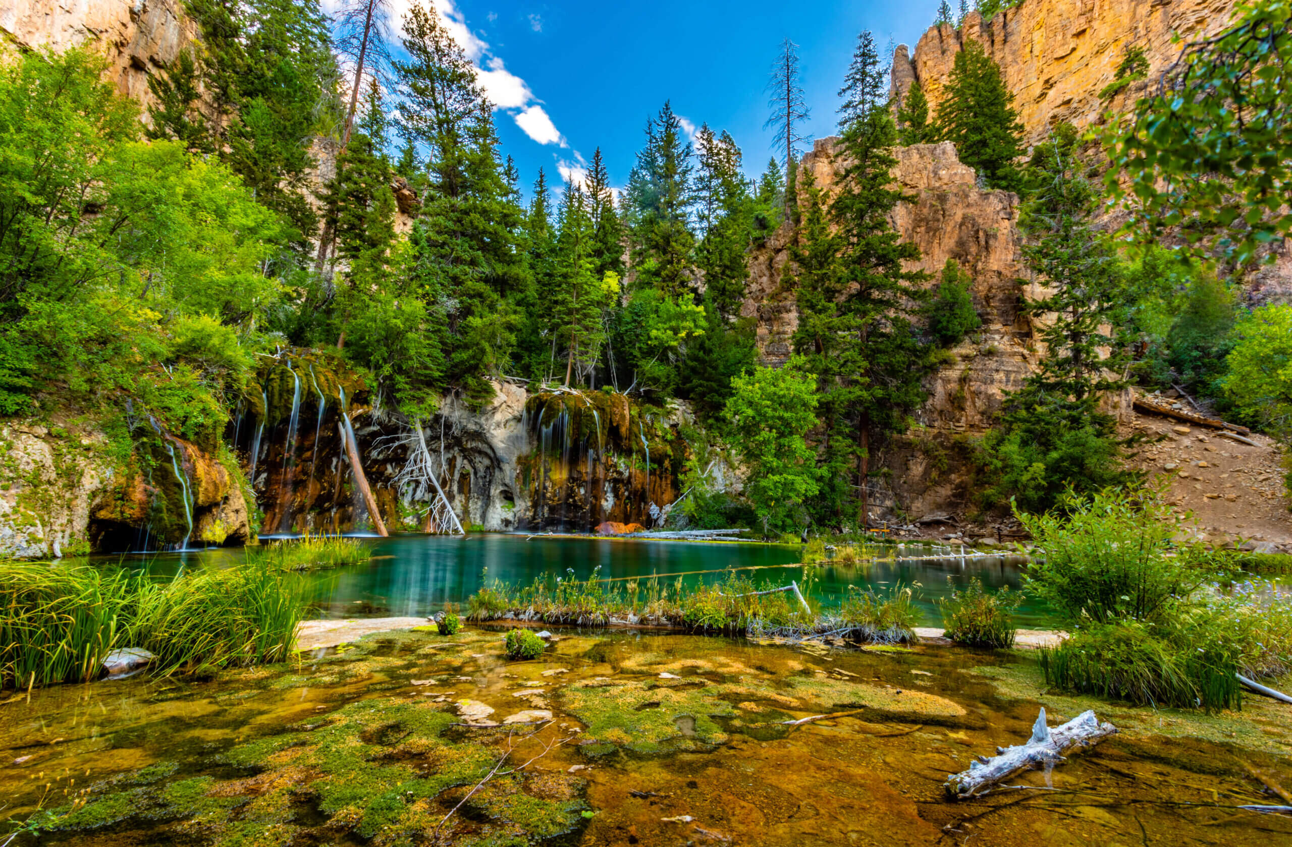 Captured in this image is Hanging Lake in Glenwood Canyon, where vibrant colors dominate the scene with brilliant shades of green.
