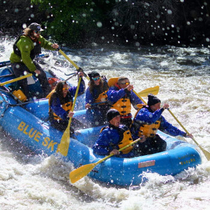 Gift an epic adventure with Blue Sky Rafting Gift Cards- An image capturing the adventure of a Blue Sky-branded raft navigating the Shoshone Rapids on the Colorado River. The excitement is palpable, marked by joyous smiles. The dynamic scene is intensified by water splashes that surround the raft, creating a visually striking and exhilarating composition.