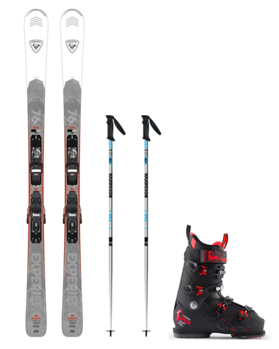 This image is of adult ski gear, including Rossignol skis, ski boot, and poles.