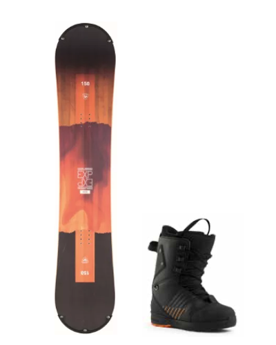 This image is of adult snowboard gear, including Rossignol snowboard and boot.